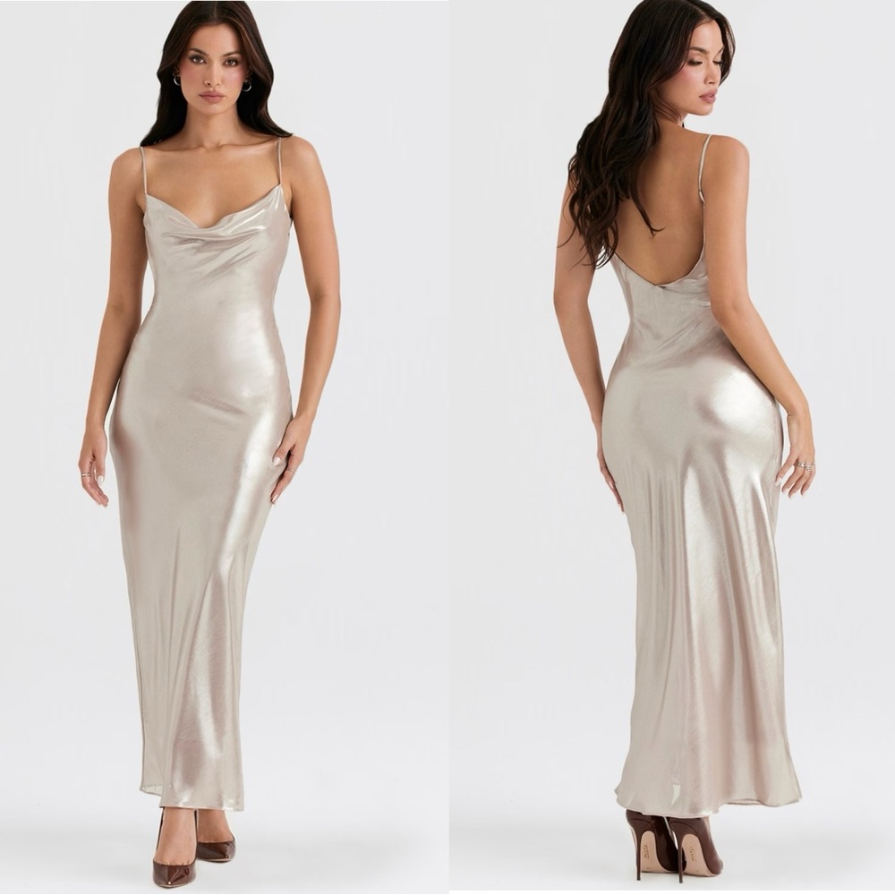House of CB Leia Champagne Shimmer Low Back Maxi Dress M